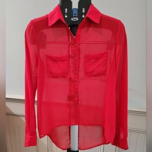 Sheer Dex size small red woman's button up cross back.